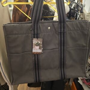 Hermes Gray Canvas Duffel Tote with Striped Handles